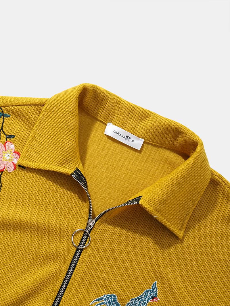 Män Grain Fleece Blommor Bird Brodery Casual Shirts
