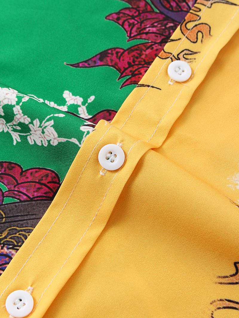 Män Kontrast Patchwork Nationell Stil Utskrift Lapel Krage Långärmade Skjortor