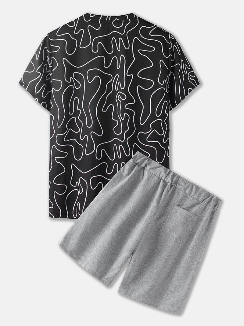 Män Oregelbundna Med Tryck Sets Kortärmad Dragsko Shorts Casual Två Delar