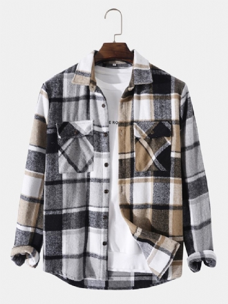 Män Patchwork Rutiga Bröstfickor Button Lapel Casual Shirt