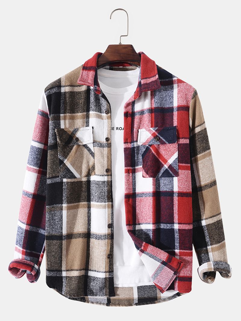 Män Patchwork Rutiga Bröstfickor Button Lapel Casual Shirt