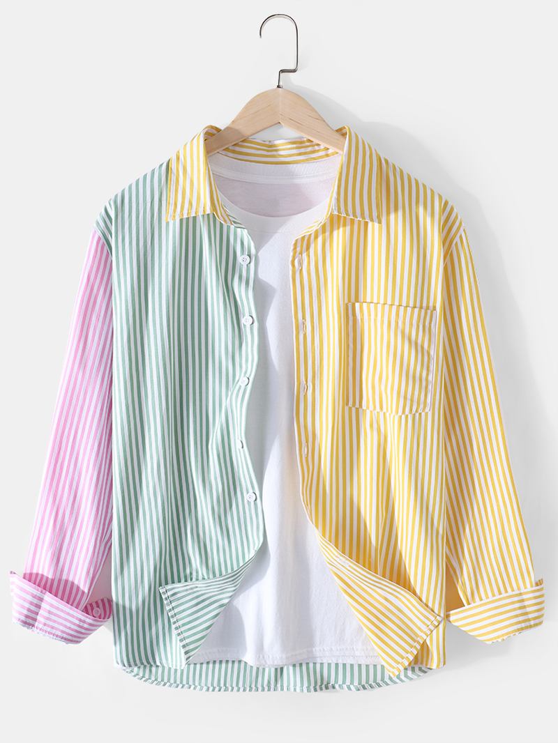 Män Stripe Patchwork Bröstficka Lapel Långärmade Bomullskjortor