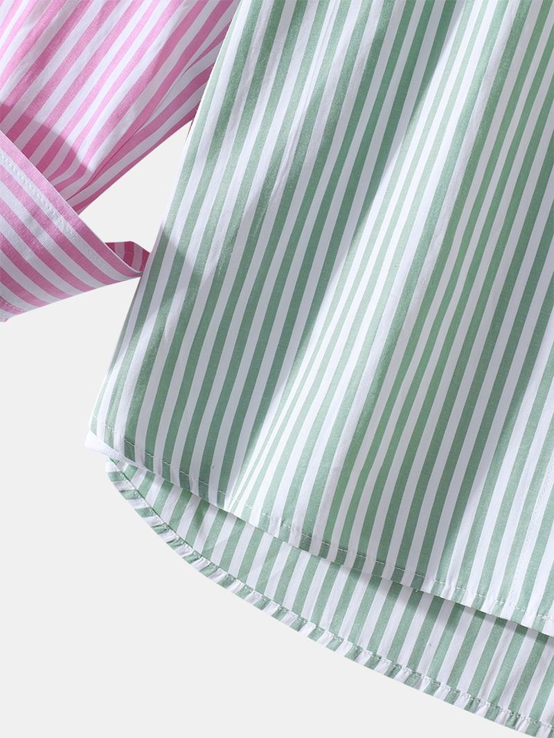 Män Stripe Patchwork Bröstficka Lapel Långärmade Bomullskjortor