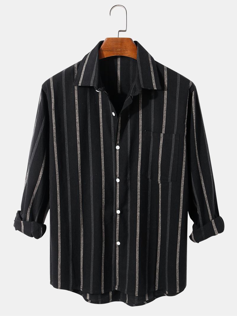Vertical Stripe Cotton För Män Avslappnad Passform Långärmade Skjortor Med Knäppning Och Ficka