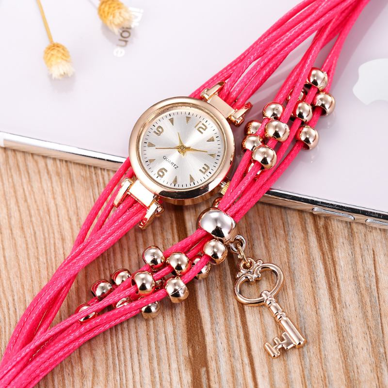 Guldfodral Färgglada Läderpärlorrem Damklänning Kvinnor Armband Armband Quartz Watch
