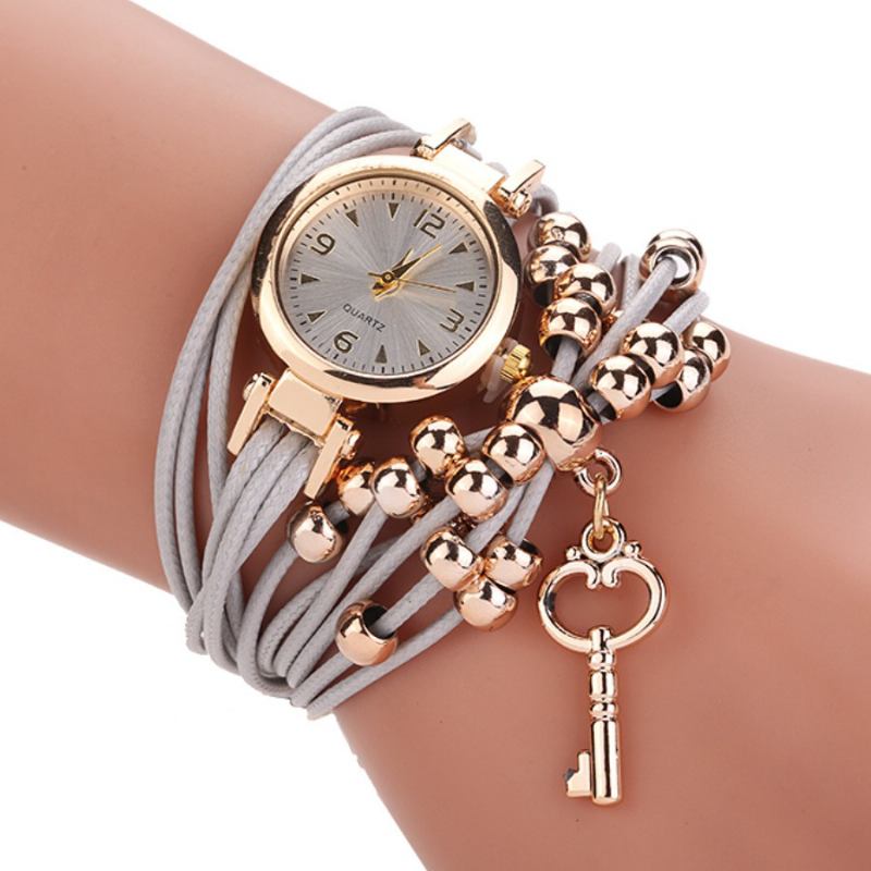 Guldfodral Färgglada Läderpärlorrem Damklänning Kvinnor Armband Armband Quartz Watch