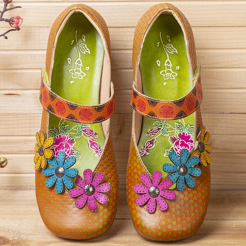 Blommor Dekor Pricktryckt Kohud Läder Retro Ankelrem Krokögla Casual Platta Skor
