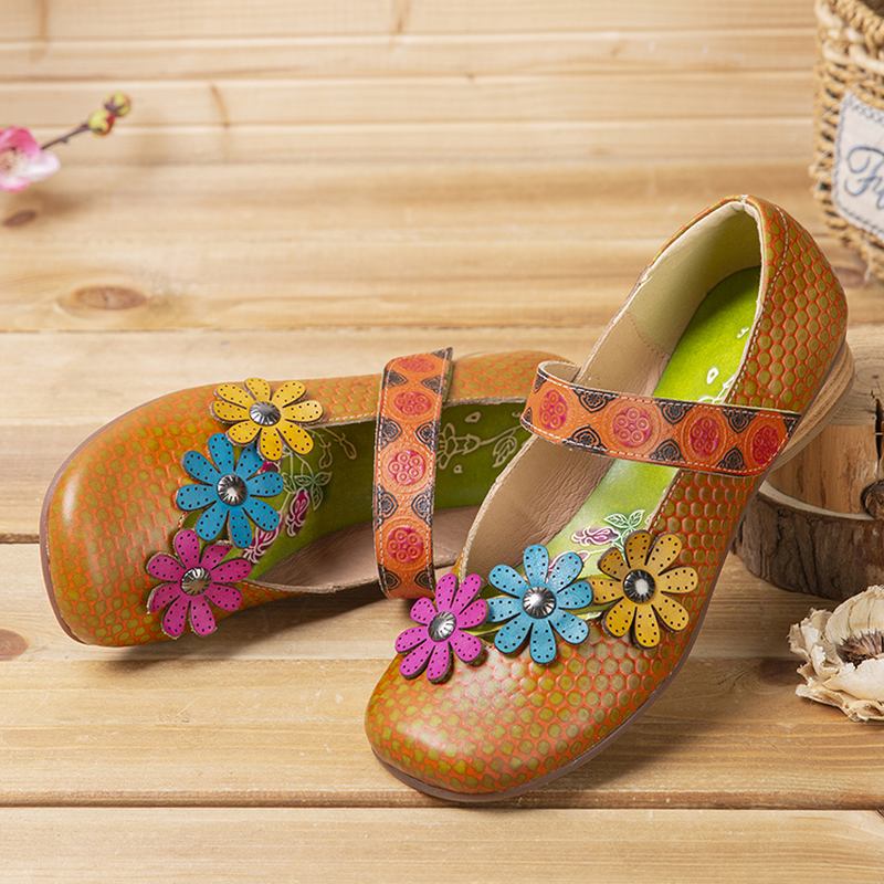 Blommor Dekor Pricktryckt Kohud Läder Retro Ankelrem Krokögla Casual Platta Skor