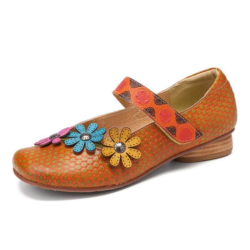 Blommor Dekor Pricktryckt Kohud Läder Retro Ankelrem Krokögla Casual Platta Skor