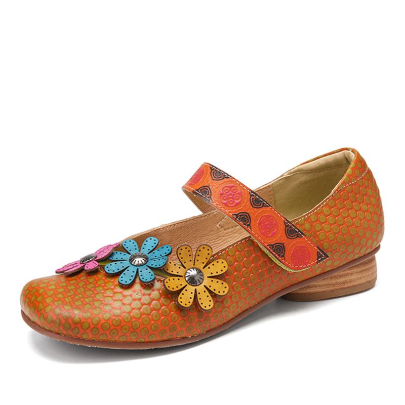 Blommor Dekor Pricktryckt Kohud Läder Retro Ankelrem Krokögla Casual Platta Skor
