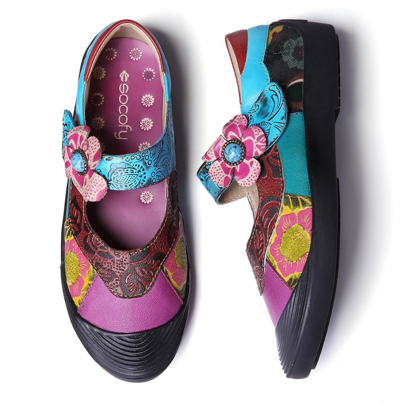 Bohemian Leather Splicing Blommig Tåhätta Krokslinga Ankelrem Platta Skor