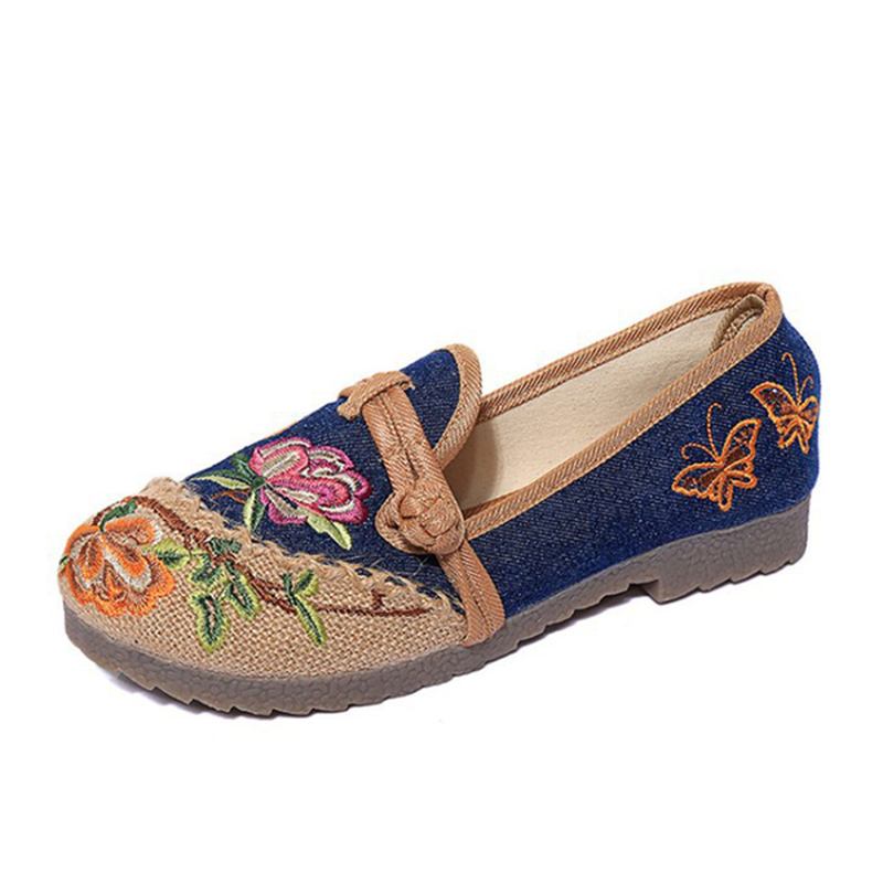Kinesisk Blomma Broderade Retro Slip På Platt Rund Tå Skor