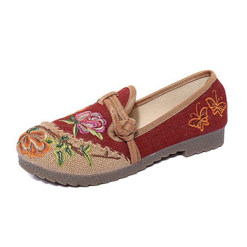 Kinesisk Blomma Broderade Retro Slip På Platt Rund Tå Skor