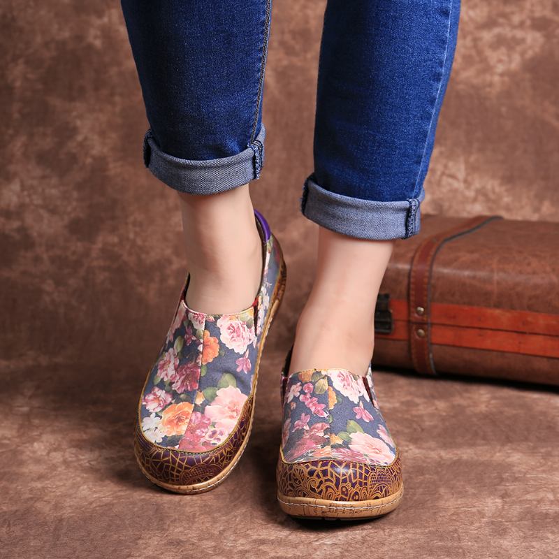 Kvinnor Bloom Blommor Splicing Retro Stitching Slip On Flats