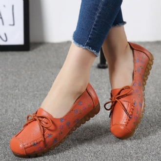 Kvinnor Bowknot Blommor Utskrift Halkfri Mjuk Sula Casual Leather Loafers