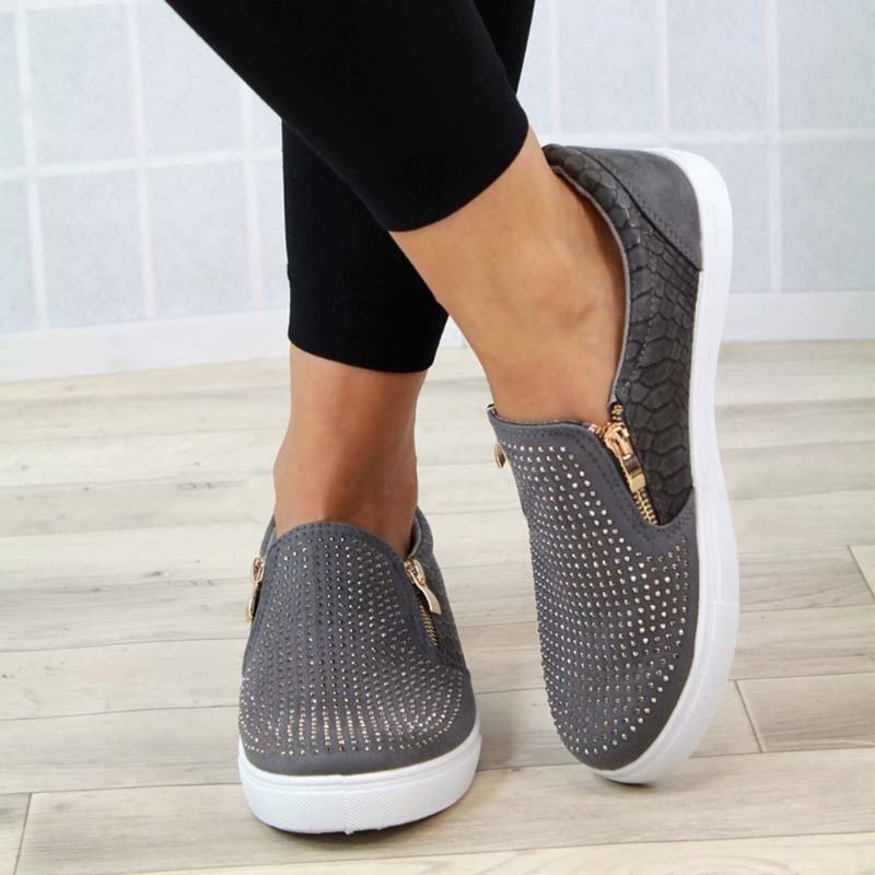 Kvinnor Doble Size Dragkedja Rhinestone Dekor Halkfria Casual Flats