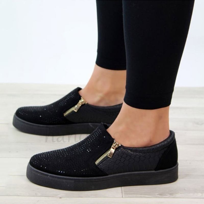 Kvinnor Doble Size Dragkedja Rhinestone Dekor Halkfria Casual Flats