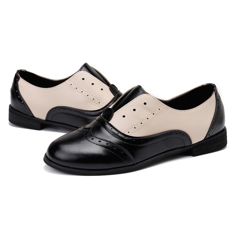 Kvinnor Färg Splicing Fyrkantig Klack Rund Tå Brogue Oxfords Casual Flats Loafers