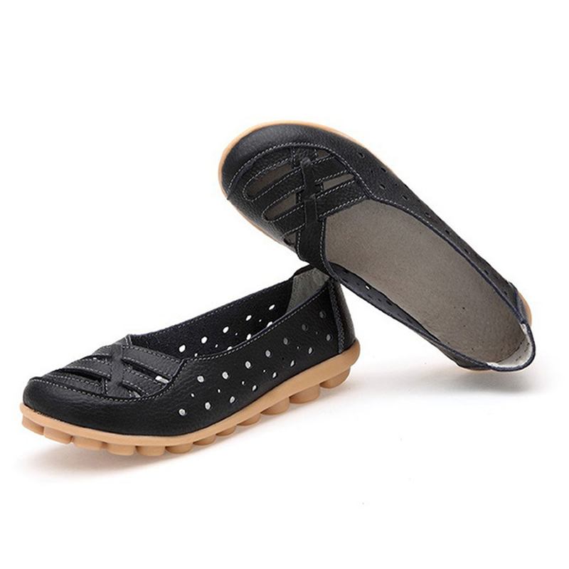 Kvinnor Flats Skor Bekväma Mjuka Slip On Hollow Out Läder Casual Flat Loafers Skor