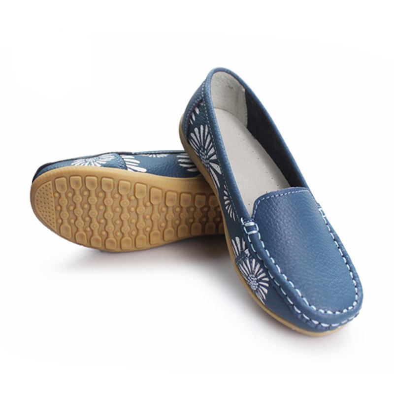 Kvinnor Flats Skor Bekväma Slip-on Mjuk Casual Blomma Blommor Läder Loafers Flats Skor