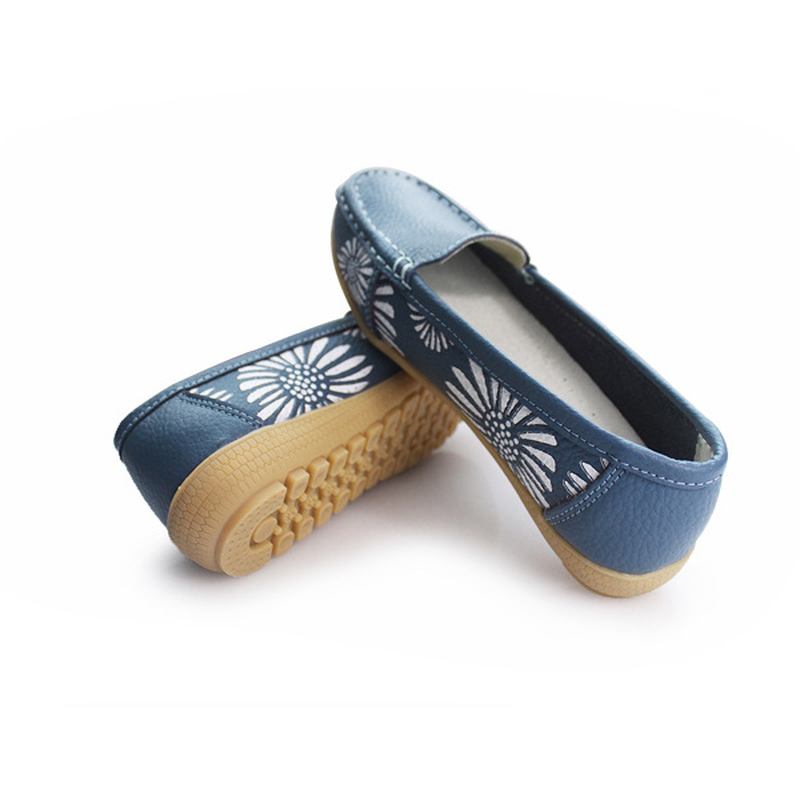 Kvinnor Flats Skor Bekväma Slip-on Mjuk Casual Blomma Blommor Läder Loafers Flats Skor