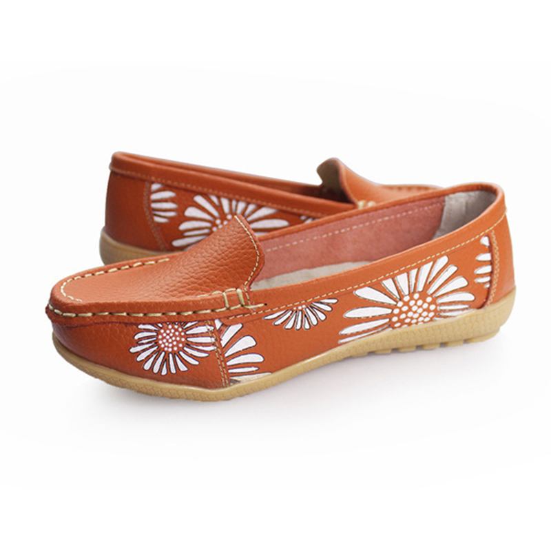 Kvinnor Flats Skor Bekväma Slip-on Mjuk Casual Blomma Blommor Läder Loafers Flats Skor