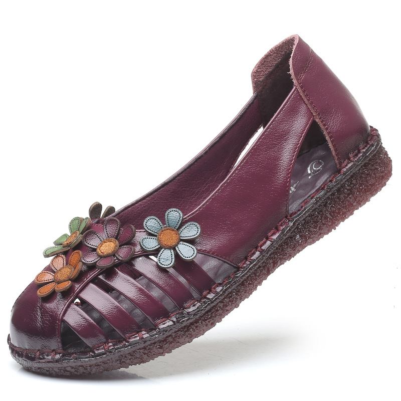 Kvinnor I Äkta Läder Andas Blomdekoration Retro Slip On Soft Flats