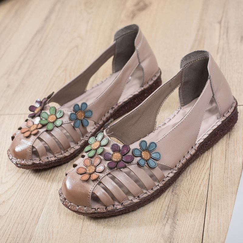 Kvinnor I Äkta Läder Andas Blomdekoration Retro Slip On Soft Flats