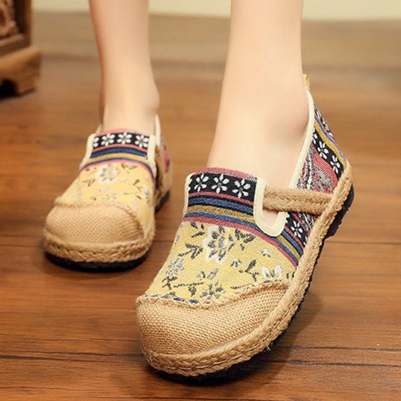Kvinnor Linne Gamla Peking Tryck Stricing Slip On Loafers
