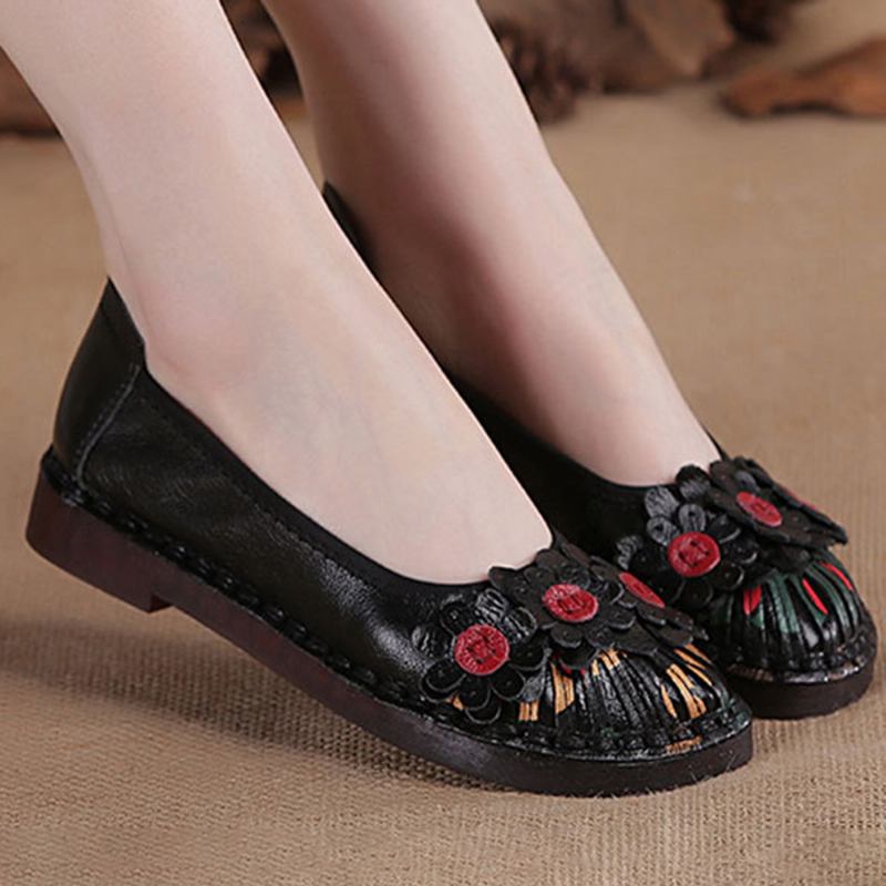 Kvinnor Retro Blommor Dekor Handgjorda Sömmar Non Slp Soft Sole Loafers