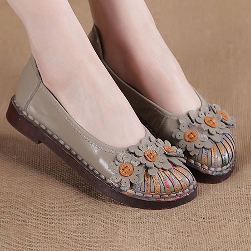 Kvinnor Retro Blommor Dekor Handgjorda Sömmar Non Slp Soft Sole Loafers