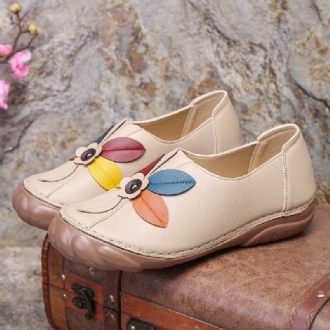 Kvinnor Retro Blommor Stitching Rund Tå Slip On Flat Loafers Skor
