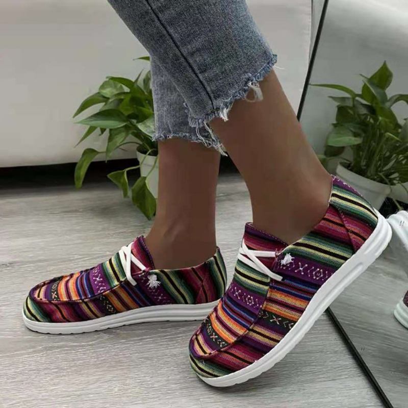 Kvinnor Stor Storlek Stripe Med Tryck Leopard Canvas Elastiskt Band Snöra Upp Casual Flat Shoes