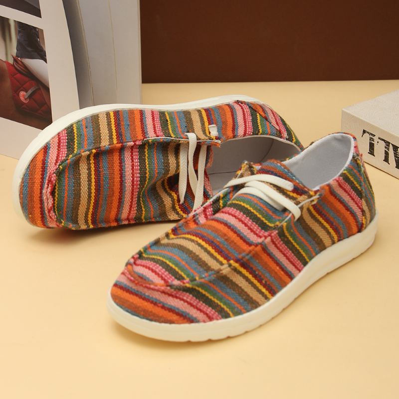Kvinnor Stor Storlek Stripe Med Tryck Leopard Canvas Elastiskt Band Snöra Upp Casual Flat Shoes