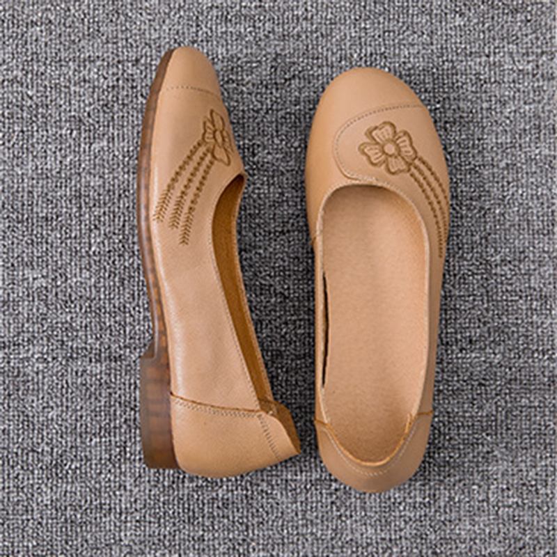 Kvinnors Kort Blommönster Kohud Läder Rund Tå Mjuk Sula Slip On Flats