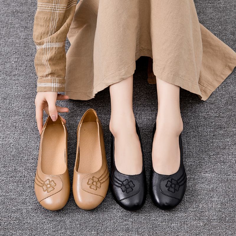 Kvinnors Kort Blommönster Kohud Läder Rund Tå Mjuk Sula Slip On Flats