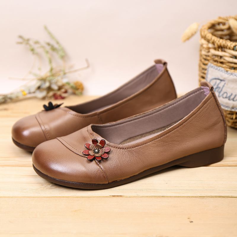 Kvinnors Läderblommor Slip On Flats Loafers Skor