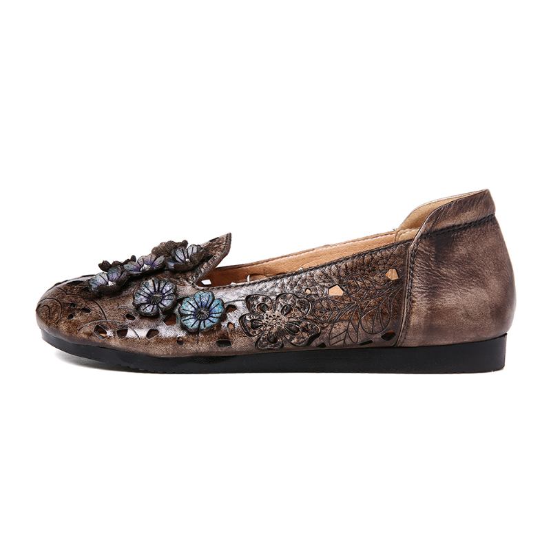 Retro Blommönster I Äkta Läder Splicing Hollow Soft Sole Flat Shoes