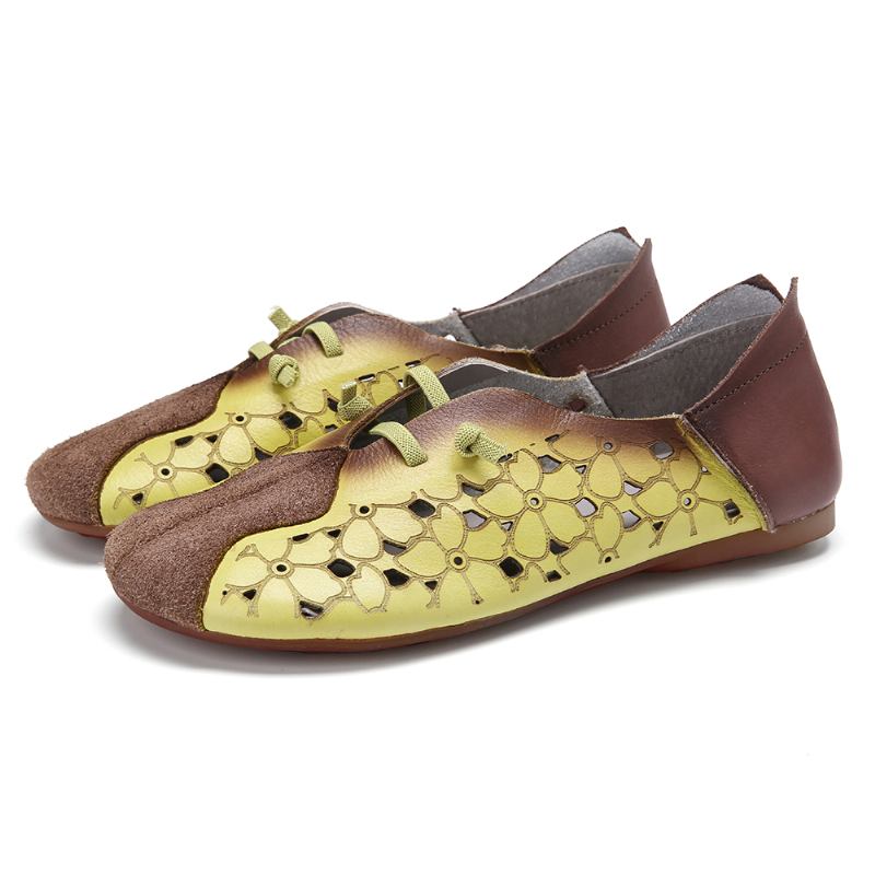Retro Colorblock Splicing Läder Blommig Hollow Elastisk Strap Slip-on Flat Shoes