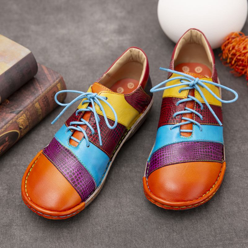 Retro Handgjort Läder Colorblock Contrast Splicing Snöra Platta Skor