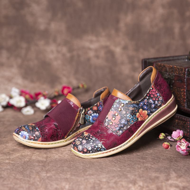 Retro Splicing Små Blommor Äkta Läder Platta Blixtlås Skor