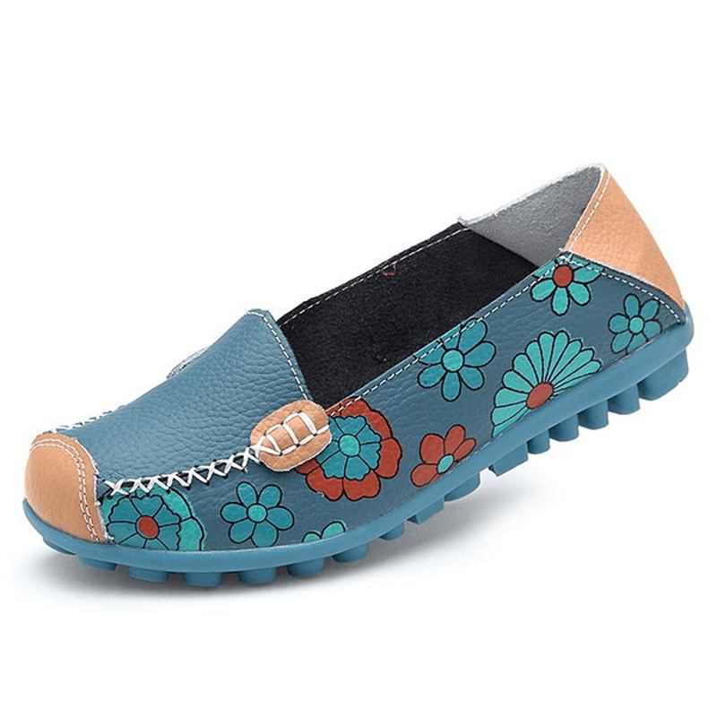 Stor Storlek Kvinnor Blomma Blommor Läder Loafers Moccas Flats Mjuka Balettskor Runda Tå Flats