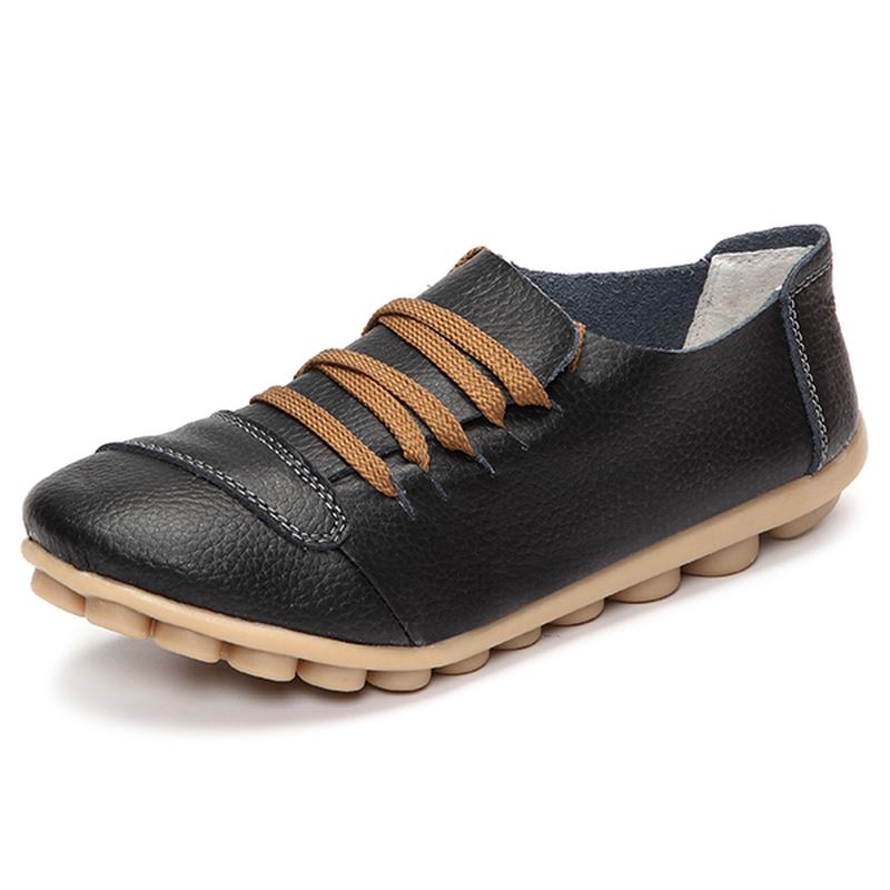 Stor Storlek Snörning Mjukt Läder Rund Tå Platta Skor Loafers