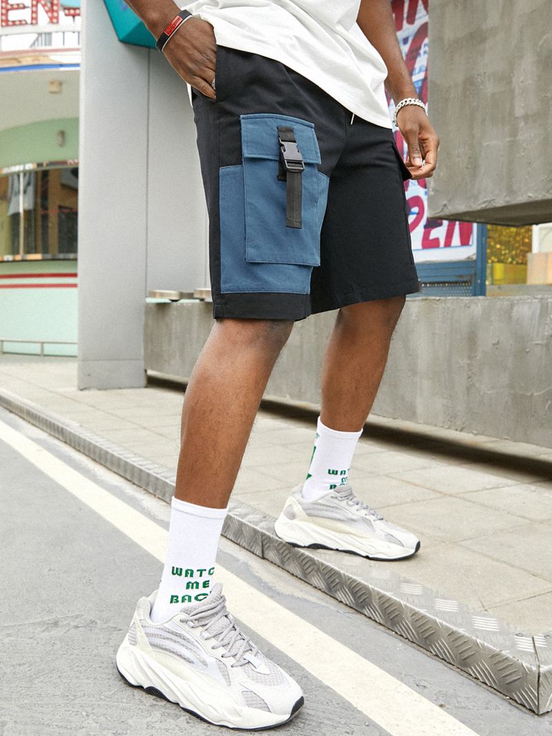 Herr Casual Big Pocket 100% Bomull Färg Block Cargo Shorts