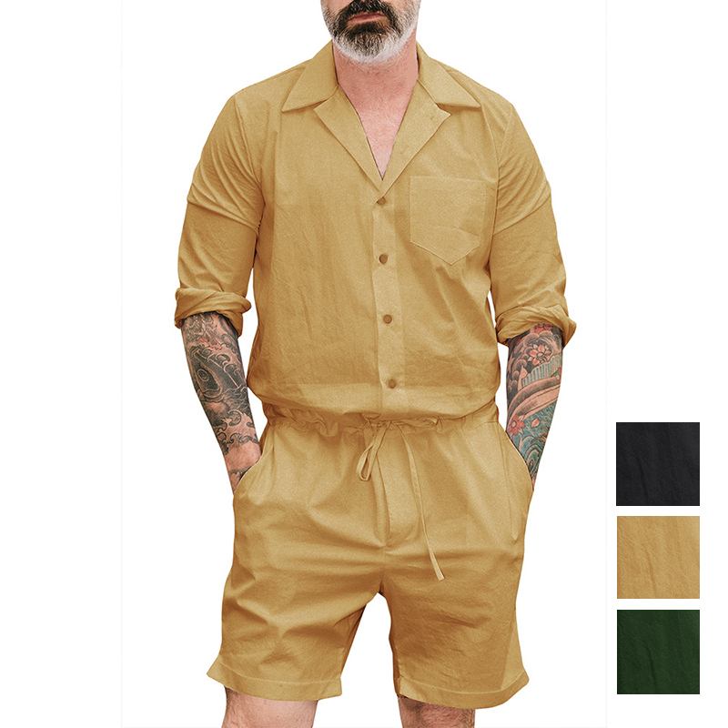 Herr Enfärgad Kort Jumpsuit Med Dragsko