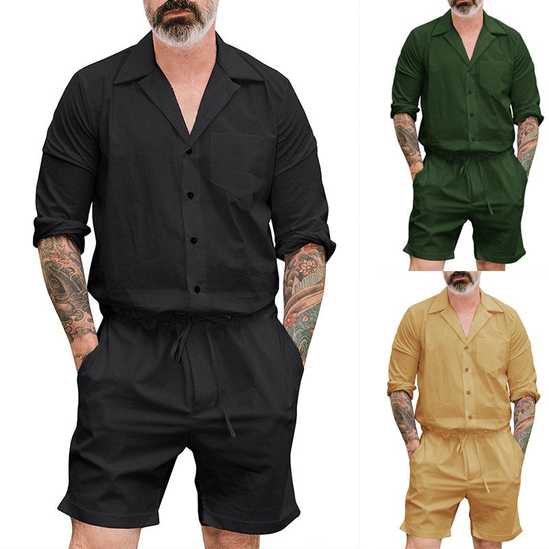 Herr Enfärgad Kort Jumpsuit Med Dragsko