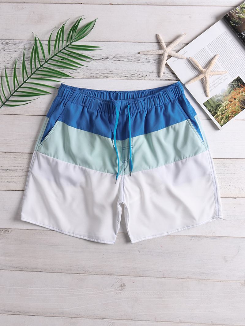 Herr Färg Block White Beach Board Shorts Dragsko Quick Dry Mesh Liner Med Ficka