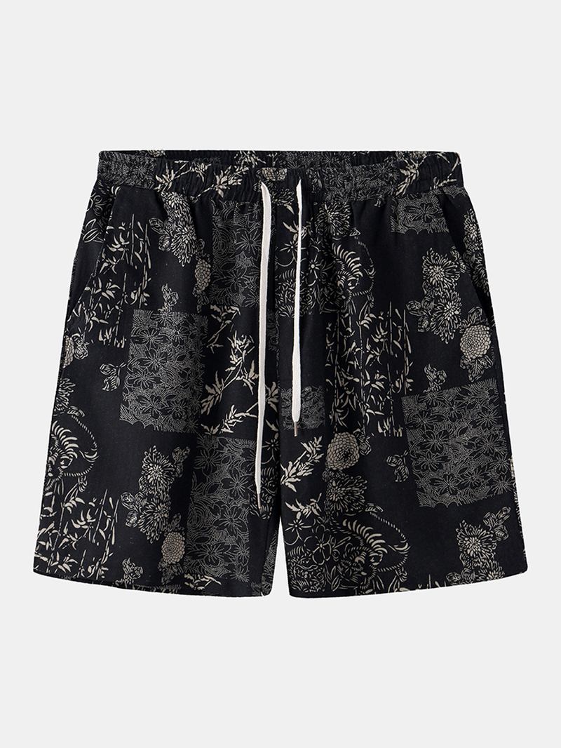 Herr Vintage Med Tryck Dragsko Ficka Casual Loose Shorts