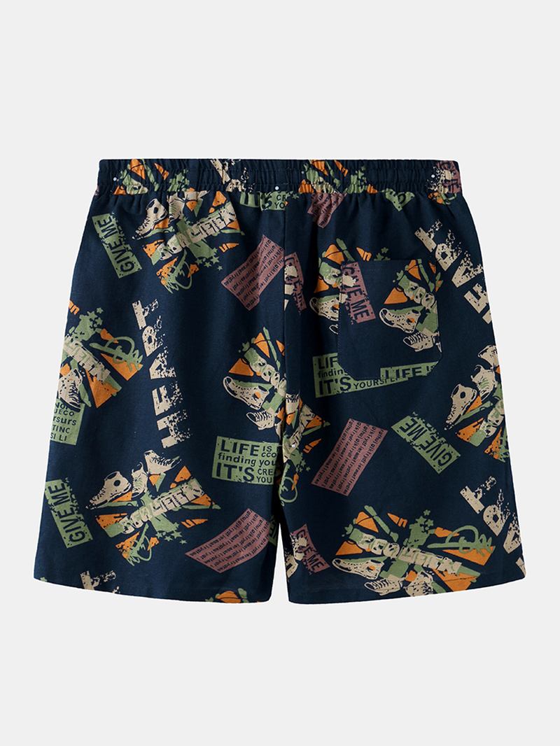 Herr Vintage Med Tryck Dragsko Ficka Casual Loose Shorts