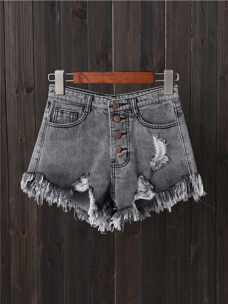 Kvinnor Button Up Pocket Loose Hollow Ripped Denim Shorts